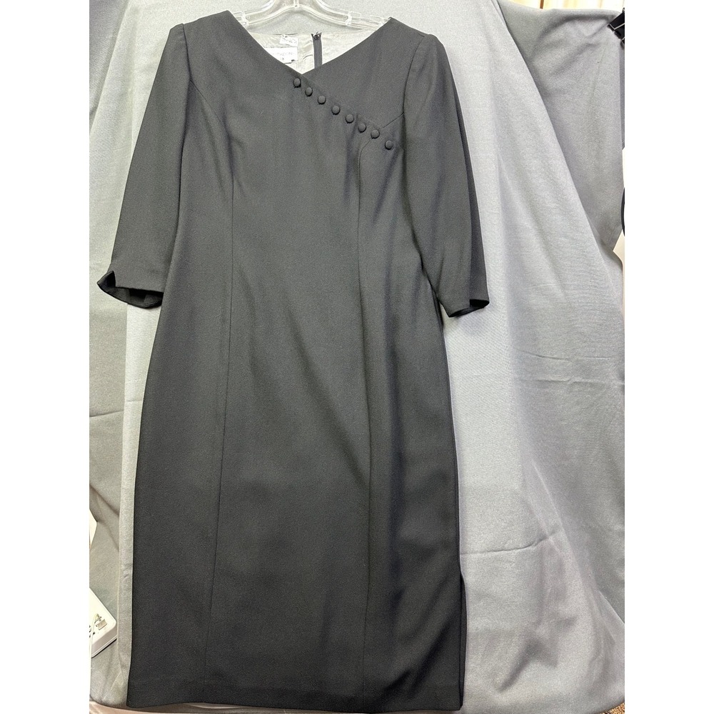Maggy London Black Asymmetrical Button‎ Sheath Dress 3/4 Sleeve Vintage Style 10